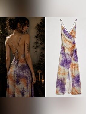 Symphony Metallic Tie Dye Maxi Dress Small Purple Orange Open Back Front Slit